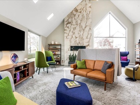 a living room with a couch and chairs and a tv